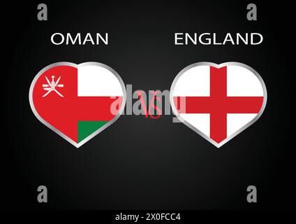 Oman vs England, Cricket-Match-Konzept mit kreativer Illustration der Flagge der Teilnehmerländer Batsman und Hearts isoliert auf schwarzem Hintergrund Stock Vektor