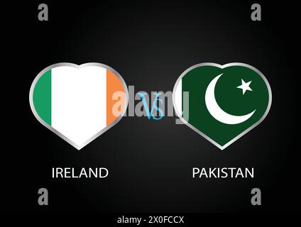 Irland gegen Pakistan, Cricket-Match-Konzept mit kreativer Illustration der Flagge der Teilnehmerländer Schlagmann und Hearts isoliert auf schwarzem Hintergrund Stock Vektor