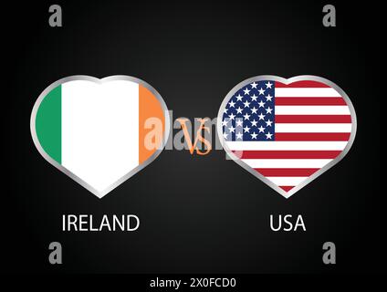 Irland gegen USA, Cricket-Match-Konzept mit kreativer Illustration der Flagge der Teilnehmerländer Schlagmann und Hearts isoliert auf schwarzem Hintergrund Stock Vektor