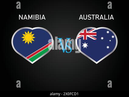 Namibia US Australien, Cricket Match Konzept mit kreativer Illustration der Flagge der Teilnehmerländer Schlagmann und Herzen isoliert auf schwarzem Hintergrund Stock Vektor