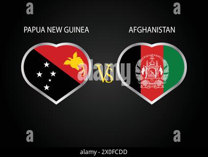 Papua-Neuguinea gegen Afghanistan, Cricket-Match-Konzept mit kreativer Illustration der Flagge der Teilnehmerländer Schlagmann und Herzen isoliert auf Schwarz Stock Vektor