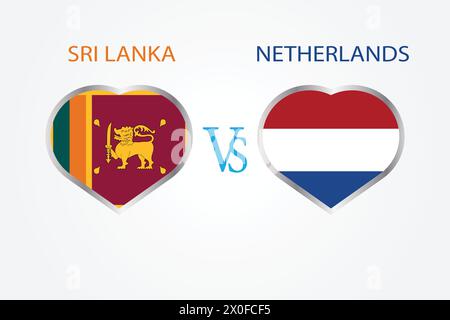 Sri Lanka vs. Niederlande, Cricket-Match-Konzept mit kreativer Illustration der Flagge der Teilnehmerländer Schlagmann und Herzen isoliert auf weiß Stock Vektor