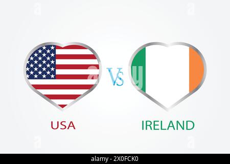 USA vs. Irland, Cricket Match-Konzept mit kreativer Illustration der Flagge der Teilnehmerländer Schlagmann und Hearts isoliert auf weißem Hintergrund Stock Vektor