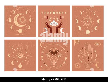 Banner Set mystische Mondphasen und Frauenhände und Motte, Alchemie esoterischen magischen Raum, heiliges Rad des Jahres, Vektor isoliert auf farbigem Hintergrund Stock Vektor