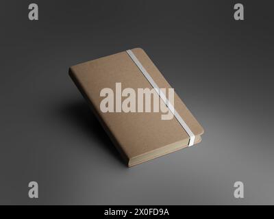 Modell eines geschlossenen Bastelbuchs mit weißem Band, strukturiertem Hardcover, braunen Seiten, isoliert mit Schatten auf grauem Hintergrund. Modekalender für Design, Stockfoto