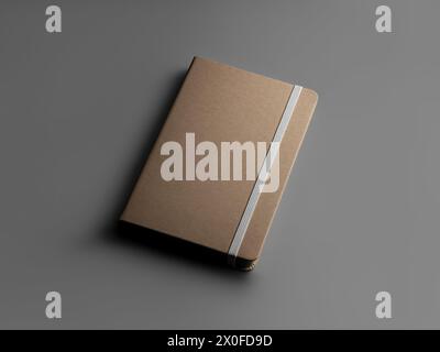 Geschlossene Bastelvorlage mit weißem Gummiband, strukturiertem Harteinband, dunklen Seiten. Tagebuch für Design, Werbung, isoliert mit Schatten auf Grau Stockfoto