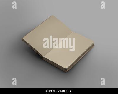 Vorlage für ein offenes Bastelbuch mit weißem Lesezeichen, leeren Seiten, Notizblock mit festem Einband, zum Skizzieren, Drucken. Organizer-Modell für Design Stockfoto