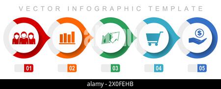Infografikvorlage mit flachem Design, verschiedene Symbole wie Kunden, Diagramm, Austausch, Warenkorb und Bank, Sammlung von Vektorsymbolen Stock Vektor