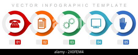 Technologie flache Infografikvorlage, verschiedene Symbole wie Telefon, Dokument, Getriebe, tv und Hand, Sammlung von Vektorsymbolen Stock Vektor