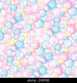 Bunte Unterwasserblase in Regenbogenfarben. Pinkfarbene, blaue, gelbe Polka Dots. Mehrfarbiger Kreis in sanften Pastellfarben. Kreativer, minimalistischer Stil. Spritzer Stockfoto