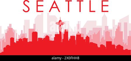 Rotes Poster mit Panoramablick auf die Skyline der Stadt von SEATTLE, USA Stock Vektor