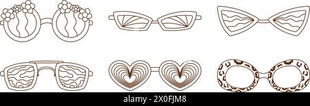 Retro Groovy Sonnenbrillen Kollektion mit verschiedenen Mustern in Schwarz und weiß. 1970er Jahre Vibe Set Stock Vektor