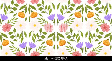 Durchgehendes Muster mit Blumenelementen. Botanisch inspiriertes, sich wiederholendes Design mit lilafarbenen, orangen und weißen Blüten, rosa Kirschblüten, verschiedenen Sorten Stock Vektor