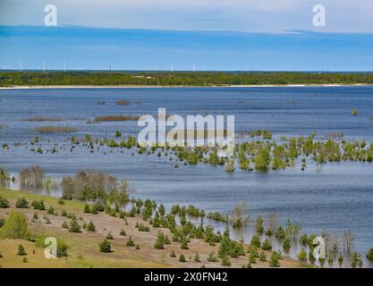 Cottbus, Deutschland. April 2024. Cottbuser Ostsee entsteht im ehemaligen Braunkohlebergwerk Cottbus-Nord (Blick von einem Aussichtsturm). Der 19 Quadratkilometer große See soll zum größten künstlichen Gewässer Deutschlands werden. Die Überschwemmung des ehemaligen Tagebaus Cottbus-Nord begann Mitte April 2019. Die Lausitz Energie Bergbau AG (Leag) lässt Wasser von der Spree über den Hammergraben in das Tagebauloch für die Überschwemmung fließen. Quelle: Patrick Pleul/dpa/Alamy Live News Stockfoto