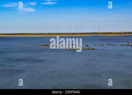 Cottbus, Deutschland. April 2024. Cottbuser Ostsee entsteht im ehemaligen Braunkohlebergwerk Cottbus-Nord (Blick von einem Aussichtsturm). Der 19 Quadratkilometer große See soll zum größten künstlichen Gewässer Deutschlands werden. Die Überschwemmung des ehemaligen Tagebaus Cottbus-Nord begann Mitte April 2019. Die Lausitz Energie Bergbau AG (Leag) lässt Wasser von der Spree über den Hammergraben in das Tagebauloch für die Überschwemmung fließen. Quelle: Patrick Pleul/dpa/Alamy Live News Stockfoto