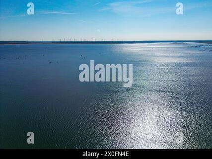 Cottbus, Deutschland. April 2024. Die Cottbuser Ostsee entsteht im ehemaligen Braunkohlebergwerk Cottbus-Nord (Luftaufnahme mit Drohne). Der 19 Quadratkilometer große See soll zum größten künstlichen Gewässer Deutschlands werden. Die Überschwemmungen begannen Mitte April 2019 im ehemaligen Tagebau Cottbus-Nord. Die Lausitz Energie Bergbau AG (Leag) lässt Wasser von der Spree über den Hammergraben in das Tagebauloch für die Überschwemmung fließen. Quelle: Patrick Pleul/dpa/Alamy Live News Stockfoto