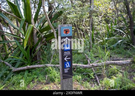 Sydney Harbour National Park, Wegweiser auf dem Bradleys Head Walking Trail führt zum Athol Beach and Bay, North Shore Mosman, Sydney, Australien Stockfoto