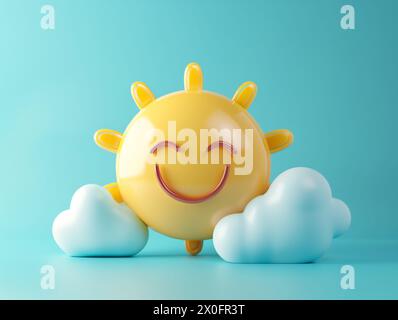 Smilie Gesicht Sonne mit Wolken Emoji 3D machen glücklich Stockfoto