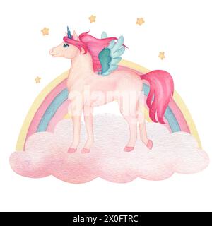 Aquarellillustration eines niedlichen stehenden Einhorns auf Wolken mit Regenbogen und Sternen in rosa und türkisfarbenen Farben. Märchen-Zeichentrickfigur Stockfoto