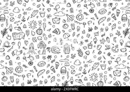 Handgezeichnetes nahtloses Muster von Elementen für Sommerurlaub im Doodle-Stil, Gepäck, Karte, Koffer, Seesterne. Kritzeln Sie den Skizzenstil auf einem weißen Hintergrund Stock Vektor