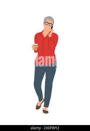 Geschäftsfrau, die mit dem Handy läuft. Stock Vektor