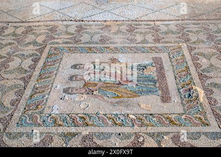 Das Drei-Horae-Mosaik. Dieser zentrale Mosaikboden zeigt die drei Horae auf weißem Hintergrund durch eine Oberleitungszone. Archäologischer Park Paphos. Stockfoto