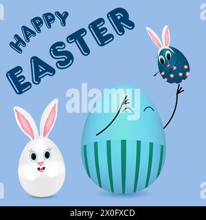 Anthropomorphe Eifamilie. Glücklicher Vater, der seinen Sohn auf blauem Hintergrund hochwirft. Ostereierhase. Happy Easter Inschrift. Vektorfarbzeichnung Stock Vektor