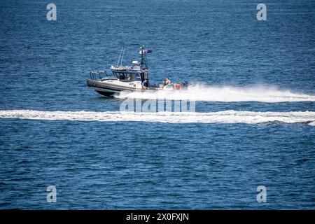 Australische Bundespolizei, australiens Bundespolizei, mit ihrem Hochgeschwindigkeits-RIB-Boot AFP10 im Hafen von Sydney, das von Yamba gebaut wurde Stockfoto