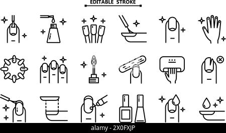 Maniküre, Symbolsatz. Bearbeitbare Kontur. Werkzeuge zur kosmetischen Schönheitsbehandlung von Fingernägeln und Händen, lineare Symbole. Nagelpflege. Stock Vektor