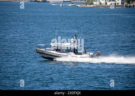 Australische Bundespolizei, australiens Bundespolizei, mit ihrem Hochgeschwindigkeits-RIB-Boot AFP10 im Hafen von Sydney, das von Yamba gebaut wurde Stockfoto