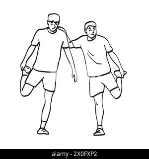 Zwei Fußballspieler, die sich vor dem Spielen der Fußball-Illustration Vektor-Hand aufwärmen, die isoliert auf weißem Hintergrund gezeichnet wird Stock Vektor