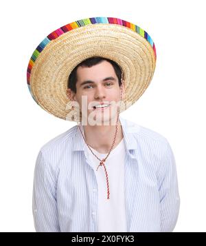 Junger Mann mit mexikanischem Sombrero-Hut auf weißem Hintergrund Stockfoto