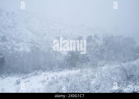 Schneelandschaft vom Zug von Athen nach Kalambaka über Thessalien während des griechischen Winters am 5. Februar 2023. Paysage enneige vu depuis l Stockfoto