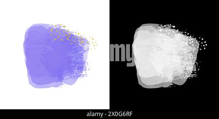 Abstrakte Acrylaufkleber mit lilafarbenen Pinselstrichen mit Goldpartikeln auf weißem isoliertem Hintergrund für Werbung, Text, Ankündigungen. Und Schwarz und Stockfoto