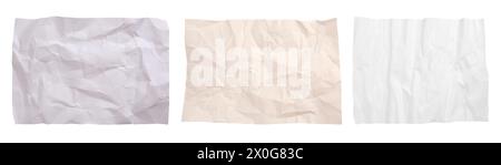 Set mit Blättern zerknittertem Pergamentpapier, isoliert auf weiß, Draufsicht Stockfoto