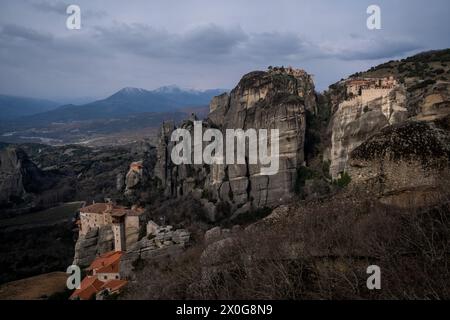 Klöster von Meteora, eine geologische Formation im Norden Griechenlands, im Regionalbezirk Trikala, Thessalien, im Penee-Tal am 7. Februar 20 Stockfoto
