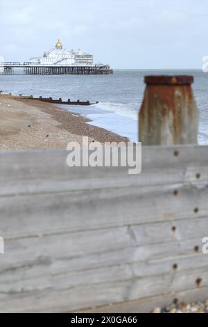 Eastbourne Pier mit hölzernem Groyne im Vordergrund Eastbourne East Sussex UK Stockfoto