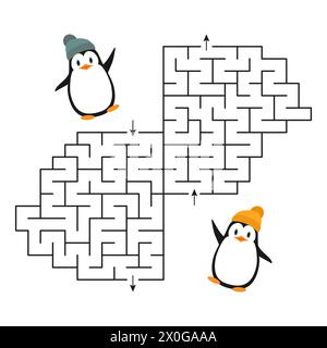 Vektor-Spiel - ein Labyrinth für zwei mit niedlichen Karikaturpinguinen für Kinder. Der den Weg aus dem Labyrinth schneller für den Pinguin findet. Stock Vektor