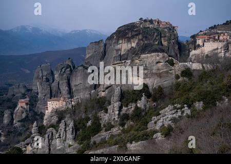 Klöster von Meteora, eine geologische Formation im Norden Griechenlands, im Regionalbezirk Trikala, Thessalien, im Penee-Tal am 7. Februar 20 Stockfoto