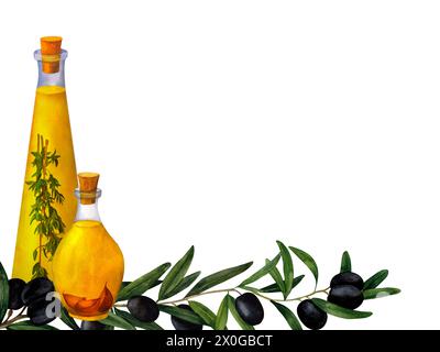 Aromatisiertes Olivenöl mit Gewürzen, aromatischen Küchenkräutern, Olivenbrunch und Knoblauch. Handgezeichnete Aquarellkomposition zum Drucken auf Karten, Einladungen, Stockfoto