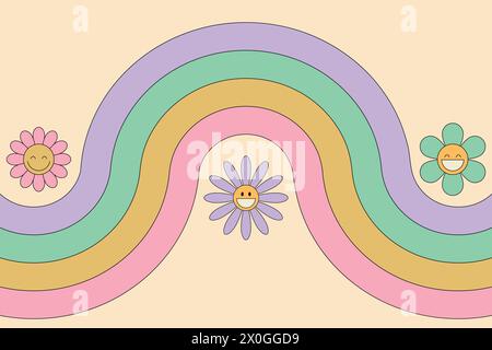 Grooviger Hintergrund mit Regenbogen und lächelnden Gänseblümchen. 60er Jahre Hippie im Retro-Stil der 70er Jahre. Vektorabbildung Stock Vektor