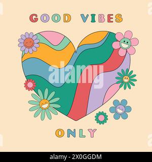Good Vibes, nur ein grooviger Hintergrund mit Slogan. Welliges Herz und lächelnde Gänseblümchen. 70er Hippie-Retro-Style. Vektorabbildung Stock Vektor