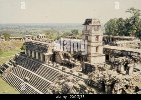 Blick vom Inschriftstempel auf den großen Palast in den Ruinen der ehemaligen Maya-Stadt Palenque. [Automatisierte Übersetzung] Stockfoto