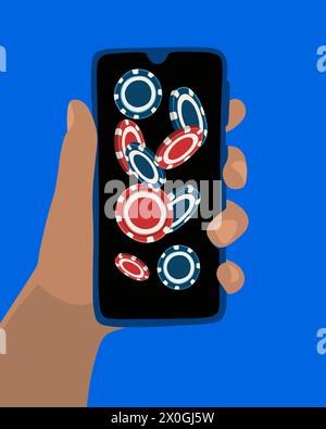Vektor-isolierte Illustration des Online-Casinos. Casino-Chips auf dem Bildschirm des Mobiltelefons. Stock Vektor