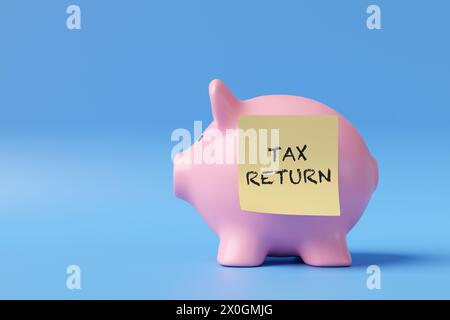 Gelbe Haftnotiz mit den Worten STEUERERKLÄRUNG auf einer rosa Schweinebank auf blauem Hintergrund. Das Konzept der Fristen für die Steuererklärung der Selbsteinschätzung Stockfoto