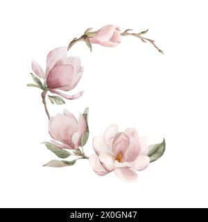 Zusammensetzung von hellrosa Magnolienblüten, Knospen, Zweigen und Blättern. Halbrunde Anordnung. Floral Aquarell Illustration handgemalt isoliert auf Stockfoto