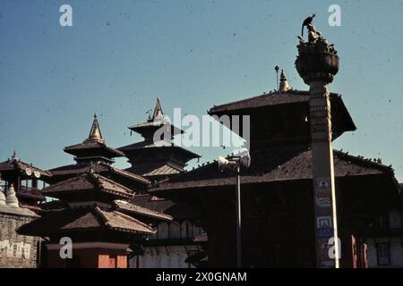 Blick vom Eingang des Königspalasts auf die mit Tauben überdachten Tempeldächer des Durbar-Platzes in Kathmandu. [Automatisierte Übersetzung] Stockfoto