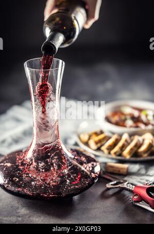 Rotwein wird aus einer Flasche in eine Karaffe auf einem Tisch gegossen, auf dem Wild, ungarisches oder Wiener Gulasch mit Karlovy Vary Klößchen zu finden sind. Stockfoto