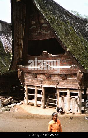 Eine alte Frau im traditionellen Kleid steht vor dem Eingang eines Toba-Batak-Hauses mit Malereien auf dem Ledge in Sulawesi. [Automatisierte Übersetzung] Stockfoto