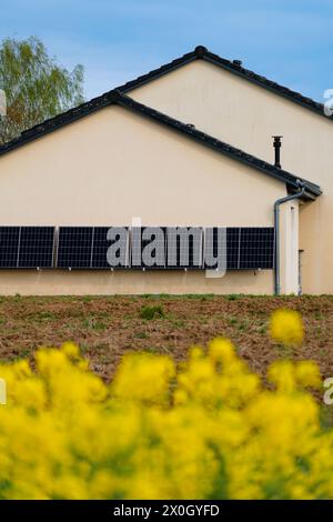 Solarpaneele an einer gut belichteten Wand eines einzelnen Hauses, Einsparungen nach der Energiekrise, Öko-Bürgergeste, grüne Energie Stockfoto